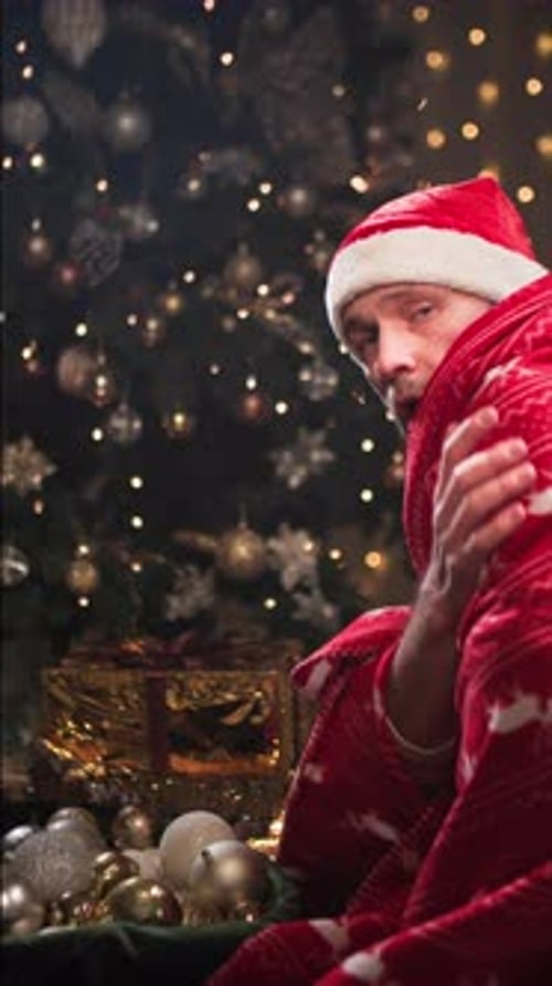 Heating of Apartment a Man in a Blanket and a Santa Hat Tries to Warm Up From the Cold in the House