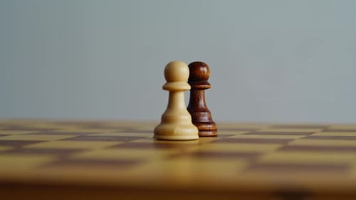 Wooden Pawns Standing Chessboard Closeup Brown White Chess Pieces Game Figures