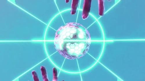 Digital Hands Interact with a Futuristic Hexagonal Sphere Animation