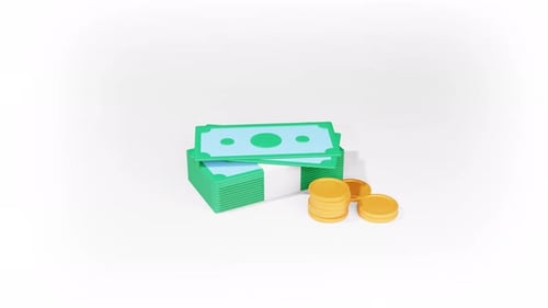 Golden coin, dollar bills animation. 3d render. Bank service, investment, money income