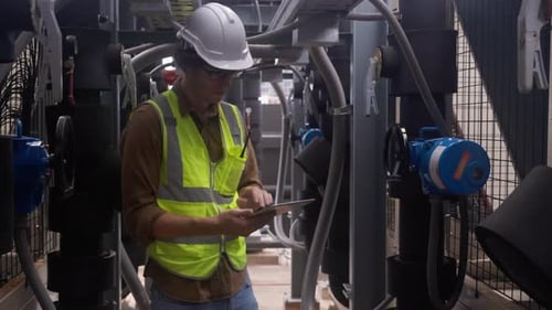 Jeune homme ingénieur marchant et examinant le pipeline et recherchant une tablette numérique avec un professionnel.