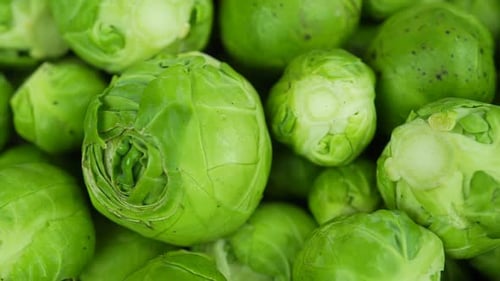 Rotating Fresh Brussels Sprouts.