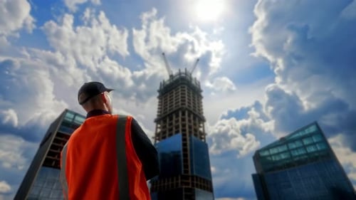 Skyline Cranes y un sitio de construcción de Workforce repleto de actividad e imponentes estructuras de vidrio