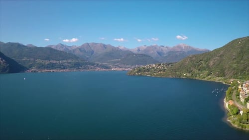 Aerial drone footage over beautiful Lake Como, Italy.