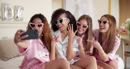 Selfie, wedding party and bride with friends in hotel room for getting ready together for ceremony