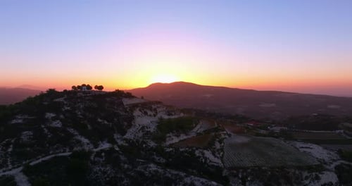 Aerial View of Vineyards in the Mountains at Sunset