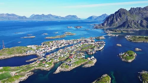 Aerial view of fishing village and islands, Norway.