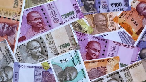 Indian paper currency, rupees, for financial transactions and exchange. Indian rupee