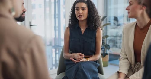 Business people, support circle or woman in counselling for mental health