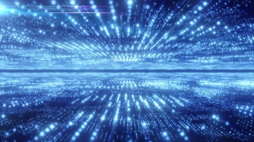 Abstract blue energy hi-tech lines and digital particles fly in a tunnel with bokeh effect