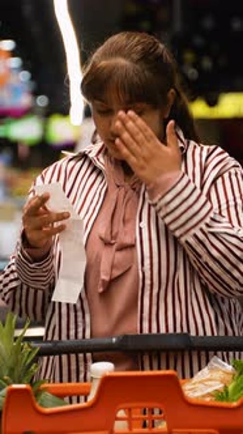 Stressed Woman Worried About Grocery Bill in Supermarket