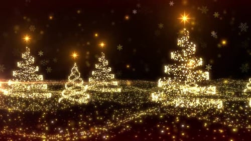 Sparkling Golden Christmas Trees and Falling Snowflakes Background