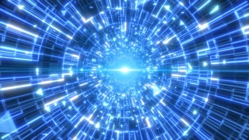 Abstract blue glowing neon laser tunnel futuristic hi-tech with energy lines and flying shards