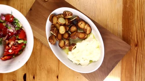 yogurt, cheese, tomato, cucumber, salad, cereal, fried, cooking, top, view, close-up, food, healthy,