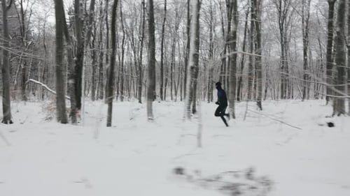 Active Runner Enjoying Training Among Snowy Forest