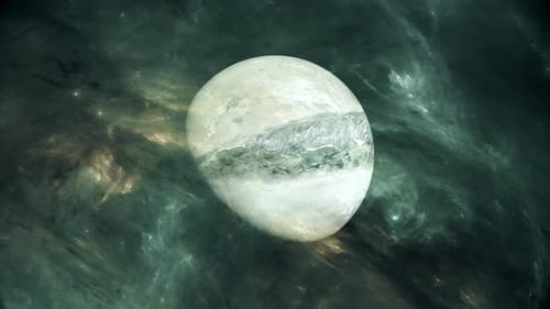 Abstract Icy Planet Rotating in Nebula Background