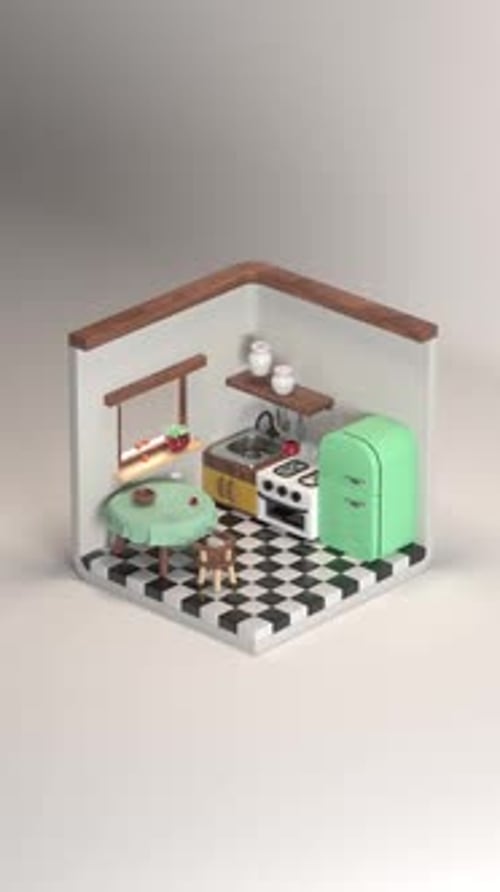 Retro Kitchen Build Up 3D Isometric Animation