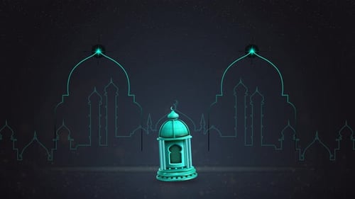 Elegant Eid Mubarak Greeting with Lantern and Mosque Outline Animation