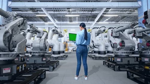 Asian Female Professional Use Green Screen Laptop With Robotic Arms