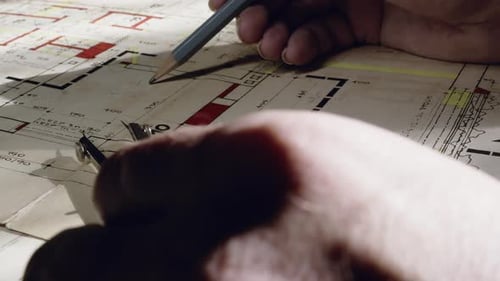 Architecte de la vieille école travaillant sur un plan avec un compas et un crayon