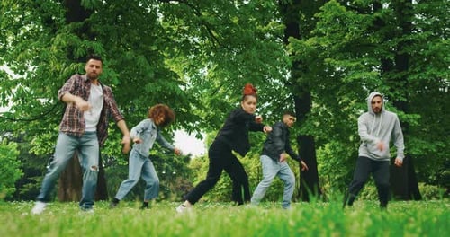 Energetic Young Adults Dancing Together in a Park