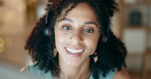 Face, crm or woman in call center or telecom or telemarketing company help desk