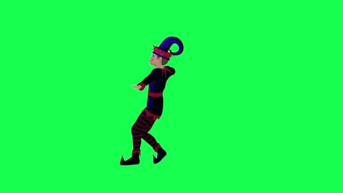 Joven elfo de Papá Noel azul bailando salsa en ángulo opuesto en pantalla verde