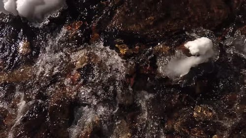 Ice crystals on freezing river water stream at wintertime
