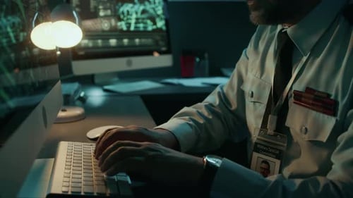 Man Typing at Computer in Dark Office