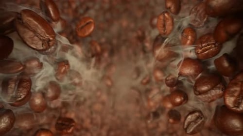 Close-Up of Roasted Coffee Beans with White Smoke