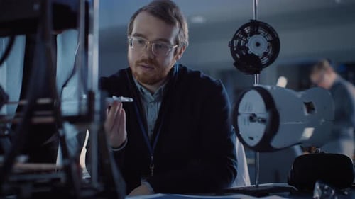 Ingeniero de desarrollo electrónico que trabaja en su escritorio, habla con el gerente del proyecto, muestra High Tech P