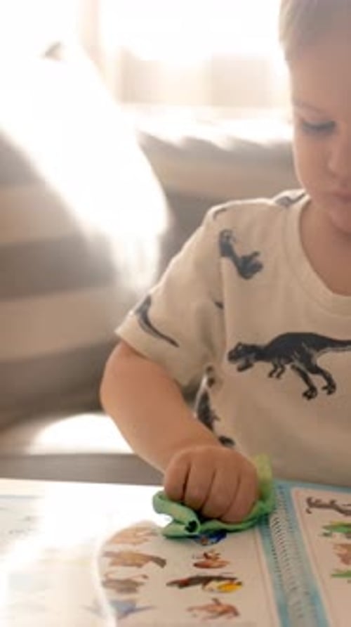 Little Boy Cleans Page of Children's Book