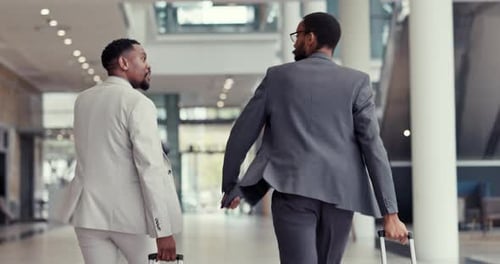 Late, business people and running in airport, speaking and and stress over plane