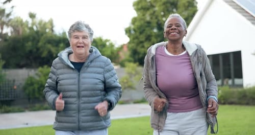Running, park or senior women in fitness training together for health, wellness