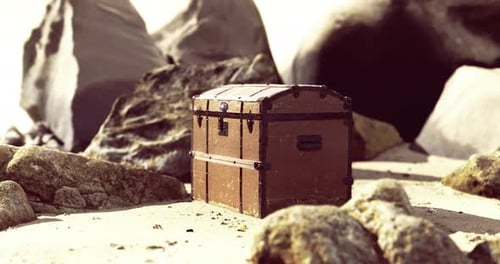 Schatztruhe versteckt zwischen Felsen an einem Sandstrand bei hellem Tageslicht