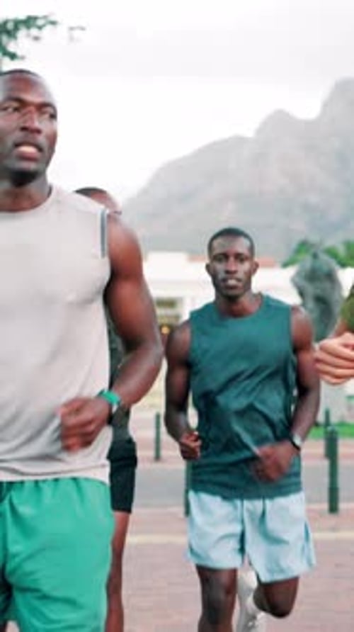 Men, friends and running for cardio, fitness and wellness in park for urban marathon club