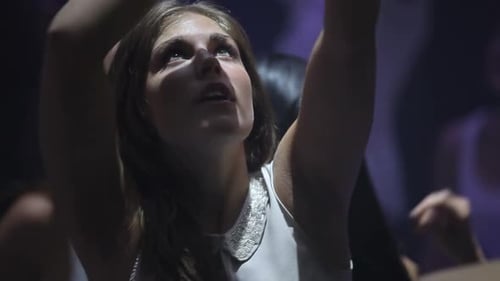 Woman, dance and night club with neon lights on dance floor for party, celebration