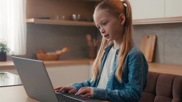 Girl Using Laptop Computer in Kitchen, Education Stock Footage ft ...