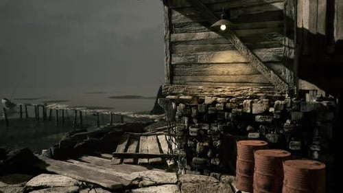 Mysterious Coastal Structure with Barrels and Wooden Pathways at Dusk