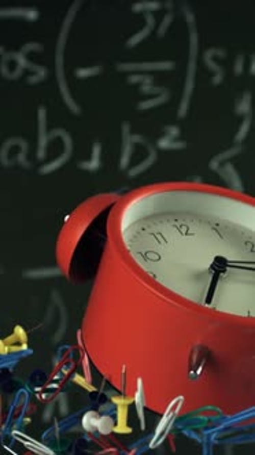 Alarm Clock and School Tools Soaring Up Against the Blackboard Background Filmed on a Highspeed
