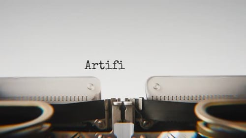 Old mechanical typewriter typing Artificial Minds in a close-up view.