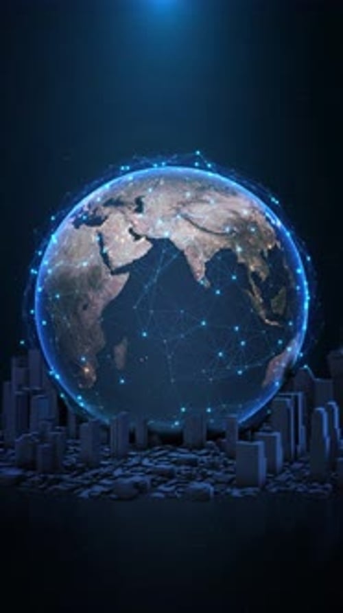 Rotating Digital Earth Globe with Plexus Network and Cityscape