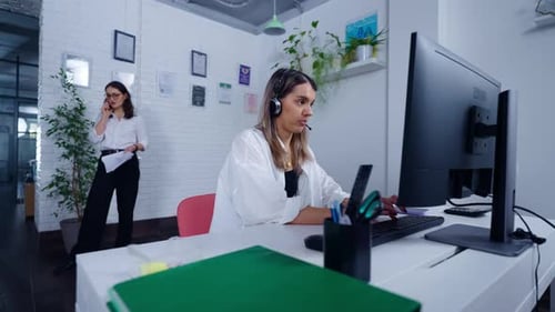 Customer Service Of Modern Company Woman Specialist Communicating With Clients By Headset