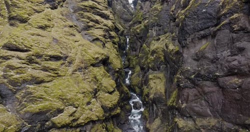 Aerial view of Seljavallalaug stream and rocks, Iceland.