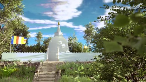 Serene Buddhist Stupa with Waving Flags in Lush Environment