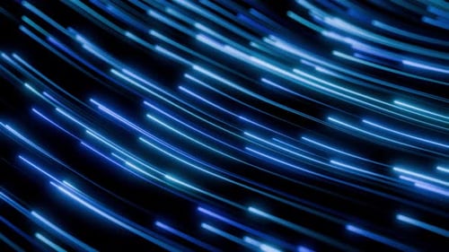 Abstract technology background with flow of glowing blue light streaks with wavy motion in the dark