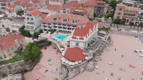 Aerial Panoramic View of Praia Da Rainha and Historic City Centre of Cascais Portugal