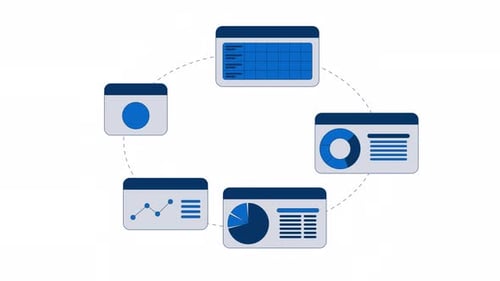 Interconnected circular business dashboard workflow 2D objects animation