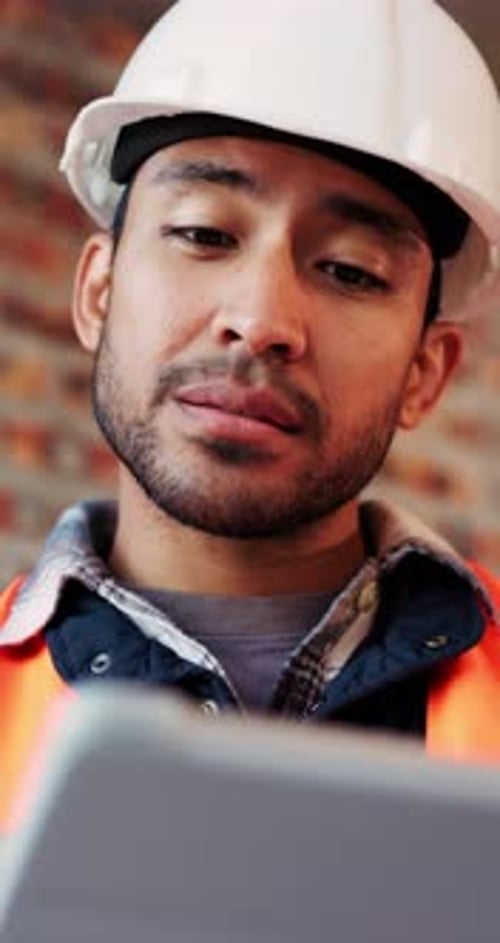 Builder, online and happy man with tablet in building, search or safety inspection with info on web