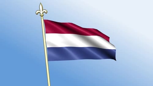 Animated Netherlands Flag Waving on Golden Pole against Blue Sky